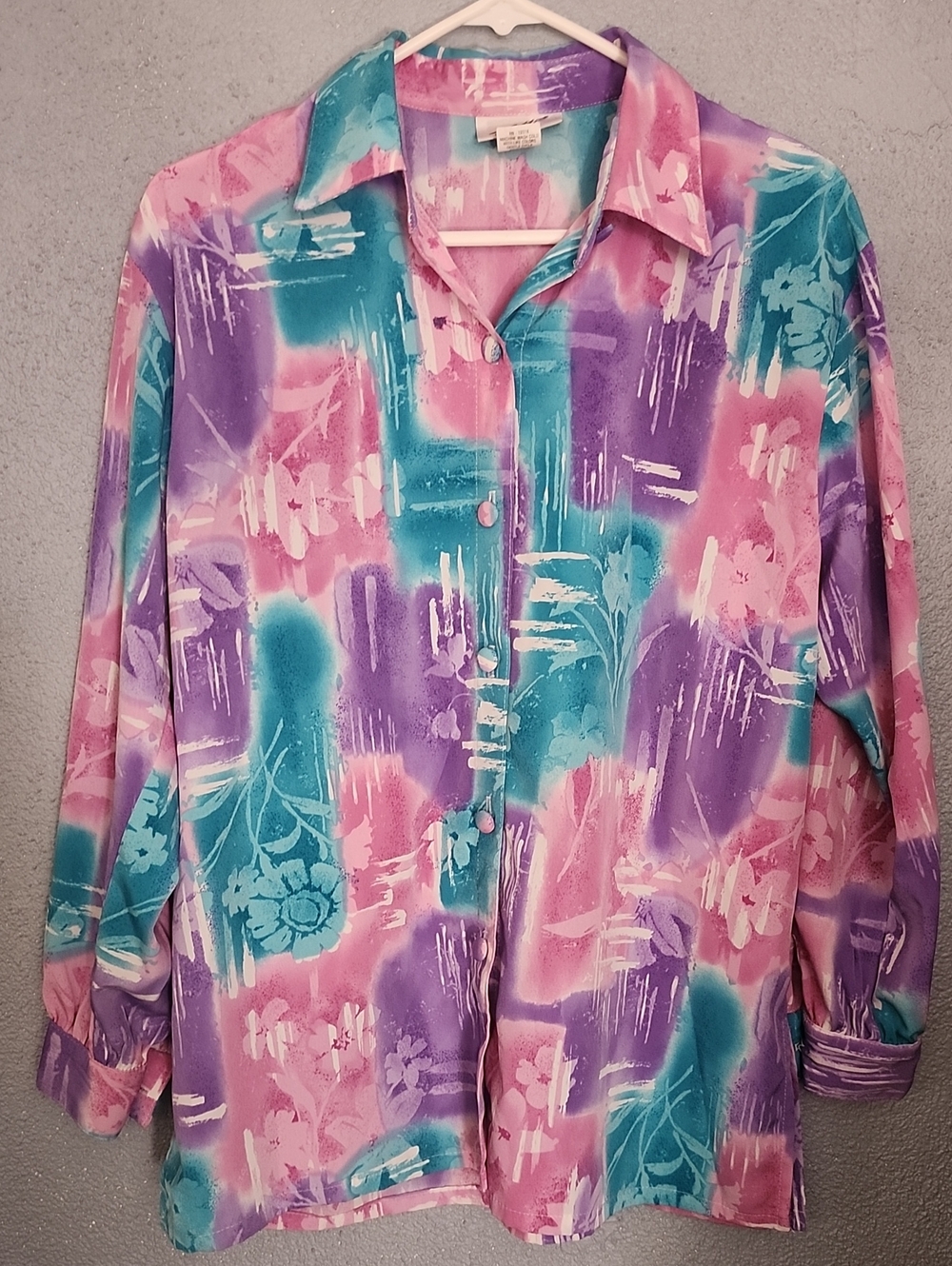 Relaxed Pastel Watercolor Button-Down Blouse - Pink, Purple & Teal